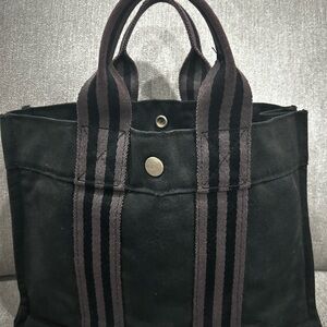 Hermes Black Tote with Brown Striped Handles